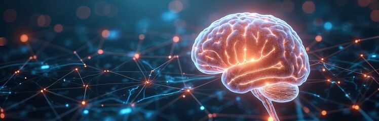 Poster - Futuristic illustration semi-transparent human brain with chip implantation. Connected to AI through global network, high-tech medical innovation, neural impulses, future of medicine. Cybernetics,