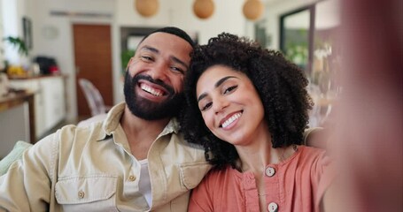 Poster - Happy couple, selfie and hug on sofa in home for memory, relax or care with smile on web blog. Man, woman and lounge for photography, profile picture or face on app for social media in Colombia