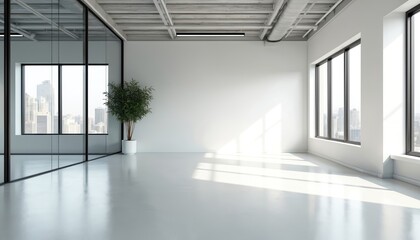 Poster - Spacious office interior with white walls large windows city view. Modern minimalist design with blank wall. Open space for business marketing interior design concept. Clean empty room for company
