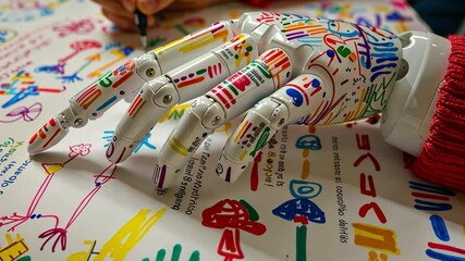 Aufkleber - A robotic hand decorated with bright colors is drawing intricate patterns on paper at an art workshop, showcasing the blend of technology and creativity. The focus is on innovation in art.