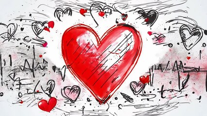 Poster - A vibrant illustration features a large red heart surrounded by smaller hearts in various colors, accompanied by heartbeat lines, evoking feelings of love and joy.