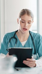 Poster - Meeting, talking and nurse with tablet in hospital for medical service, research and planning. Healthcare, clinic team and woman on digital tech for online schedule, consulting and collaboration