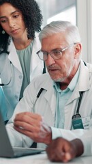 Poster - Meeting, doctors and man on laptop in hospital for medical service, research and planning. Healthcare, clinic team of men and women on digital tech for online schedule, consulting and collaboration