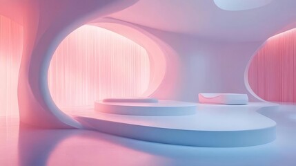 Poster - Abstract Architectural Interior with Pink and White Color Tones featuring Curved Shapes Minimalist Design and Smooth Surfaces