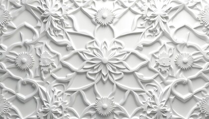 Poster - Elegant white Islamic pattern background. Geometric floral ornament design in 3D relief. Volumetric decor for textile, wallpaper, design, art, interior decor.
