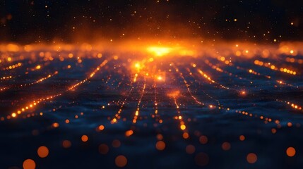 Poster - Abstract Digital Render with Illuminated Lines and Glowing Particles Against Blue Dark Background