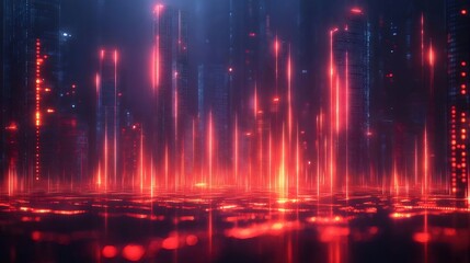 Poster - Abstract Digital Cityscape with Glowing Red Lines and Futuristic Data Visualization against Dark Blue Background