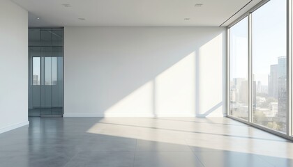 Poster - Empty modern office interior with white walls, large windows, city view. Sunny day light shadows on grey floor. Minimalist design, blank space for business, finance, marketing. 3D rendering of new
