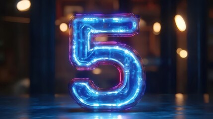 Poster - Blue Neon Number Five Illuminated Against a Dark Background with Bokeh Lights