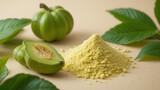 Garcinia Cambogia fruit and powder on a soft beige background with green leaves, showcasing the fruit's unique shape and texture.