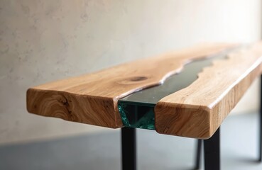 Aufkleber - Stylish wooden table with epoxy resin river. Solid wood table design with transparent glass, metal legs on background of wall and floor. Modern furniture with natural materials for interior.