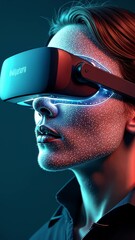 Woman experiencing virtual reality with high-tech headset. Mixed Reality in Virtual Medicine.