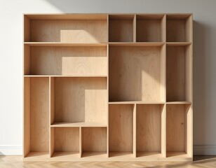 Poster - Minimalist wooden display shelf with multiple empty compartments. Clean lines against light wood backdrop. Contemporary home decor interior design. Ideal for creative organization, storage solutions.