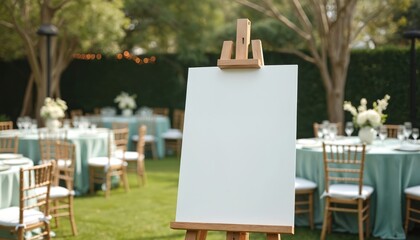 Aufkleber - Blank welcome sign on wooden easel at wedding party. Empty white board on green grass with tables chairs. Mockup display for business, event announcement. Outdoor reception, ceremony, celebration.