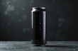 © miss irine - Black aluminum can with condensation water drops. Beverage, soda, energy drink or beer on a dark background. Cold, wet, fresh drink, ideal for product display. Mockup.