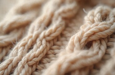 Poster - Close-up of beige knitted sweater texture. Macro shot of woolen clothing knitwear detail. Soft cozy warm winter clothes background. Craft handcraft threaded fabric.