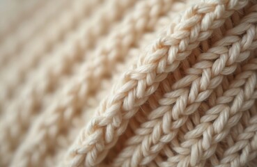 Aufkleber - Close-up of thick knitted beige sweater texture. Warm woolen cloth, cozy, soft, comfortable for fall, winter season apparel, clothes. Handcraft, knitwear background. Detailed macro shot of knitted