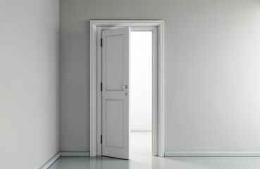Poster - Modern white door in office. Bright light, open doorway with copy space. New office architecture, home entrance interior design. Clean space, freedom, innovation, real estate, research, new