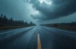 © miss irine - Empty asphalt road covered with rain drops under dramatic dark sky. Dramatic storm weather, moody atmospheric scenery, highway transportation travel, journey, perspective distance, horizon landscape.