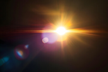 Poster - Easy to add lens flare effects for overlay designs or screen blending mode to make high-quality images. Abstract sun burst, digital flare, iridescent glare over black background.