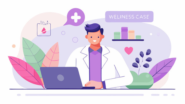 Doctor working on laptop with wellness case text and medical icons in a decorative background setting