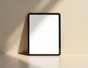 Fototapete - Tablet with blank white screen. Mockup scene, shadow Overlay. Modern device with clipping path, perfect for app, website presentation. Digital tablet on table with sunlight. Empty screen for design