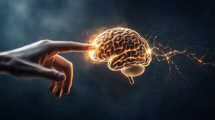 Fototapete - Fingertip touching glowing brain with electric neural energy, symbolizing spark of intelligence and thought activation, Generative AI