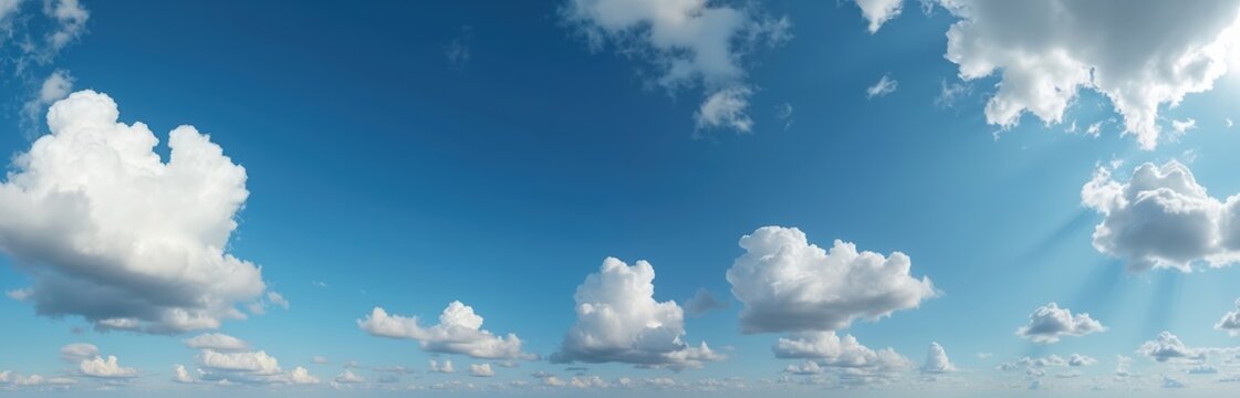 Blue sky panorama with white clouds. Seamless 360 degree sky dome for 3D graphics, game development or drone shot sky replacement. Clear blue sky with fluffy clouds.