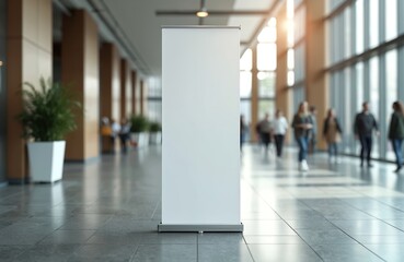 Aufkleber - Blank roll-up banner mockup in modern exhibition hall. Vertical poster design template with copy space for business, marketing, advertising or promotion. Corporate branding. Presentation display.