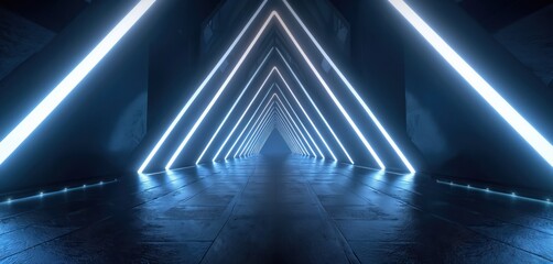 Leinwandbilder - Neon tunnel with triangle shape. Futuristic geometric corridor with glowing lines. Sci-fi tech background, empty hall design. Blue lights reflection on the floor, abstract 3d illustration