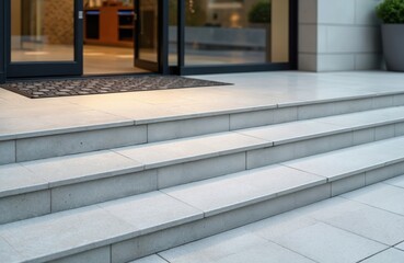 Aufkleber - Entrance to modern office building with light gray ceramic tile threshold. Glass door opens revealing interior. Steps, doormat welcome visitors. Exterior facade design with urban architectural