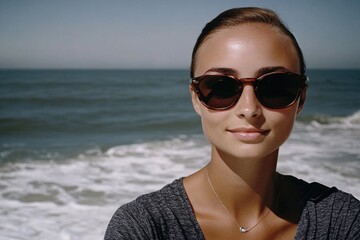 Wall Mural - Female enjoying sunny day at the beach with ocean backdrop in sunglasses