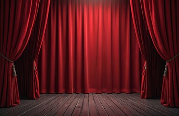 Aufkleber - Red theater curtain slightly open on stage. Wooden floor. Empty scene background, performance art, show, cinema, concert event, opera movie premiere announcement. Dramatic backdrop for presentation.