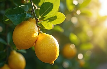Fresh, ripe lemons grow on tree branch in sunny garden. Yellow citrus fruit with green leaves, close-up shot. Healthy, organic food for vitamin drinks, lemonade. Summer, agriculture, gardening