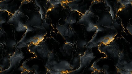 Poster - Deep black marble surface with fluid gold cracks in seamless flow.