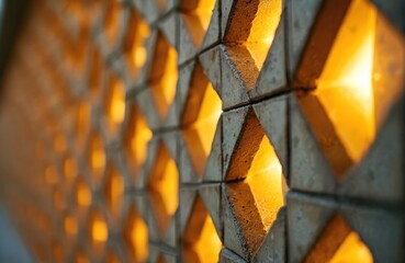 Poster - Architectural detail of decorative tile wall illuminated in yellow, white colors. Geometric patterned tiles with square shapes. Modern design style, luxury interior decor, ideal for background
