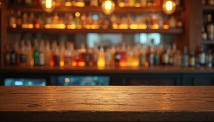 Poster - Wooden bar counter on blurred background bottles. Advertising space for drinks, cocktails. Empty table, product placement, pub, restaurant. Suitable for alcohol, food, beverages, sales promotions.