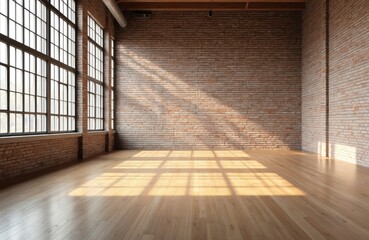 Poster - Empty postindustrial office hall. Loft interior design with brick walls hardwood floor. Big windows with sunlight, shadows. Modern design, gallery space, building property, real estate.