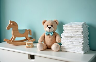 Poster - Baby supplies, wooden toy horse, teddy bear with bow tie on changing table. Stacked clean diapers. Baby care concept for new parents. Nursery room decor. Child room background.