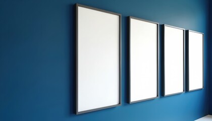 Aufkleber - Four empty white posters hang on blue wall. Blank frames, template for art, advertising, or business presentation. Clean, modern interior design, copy space for text or images.