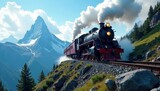 Mighty steam locomotive climbs steep mountain grade , climb, hills, vapor
