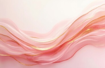 Poster - Digital art with abstract fluid motion, pink, golden waves. Warm tones, soft color palette. Light background, flowing shapes. Modern design, elegant look. Perfect for background, decoration, website