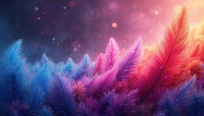 Poster - Abstract colorful background features soft fluffy feathers. Pink blue purple colours creating ethereal design. Artistic wallpaper illustration. Detailed macro texture, creative art.