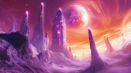 Wall Mural - Alien landscape with glowing crystals and large moon