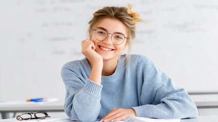 Poster - Cheerful Student Sitting at Desk in Classroom With Notebooks Generative AI
