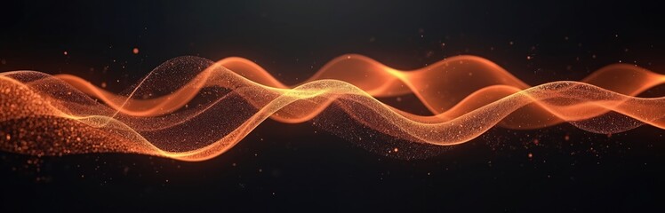 Poster - Abstract dynamic illustration of sound waves on black background. Wavy lines with orange particles. Creative design element for banner, poster, presentation, cover or graphic design.