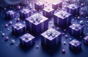 Canvas Print - a cluster of purple gift boxes adorned with silver bows sits on a dark blue surface, scattered with 