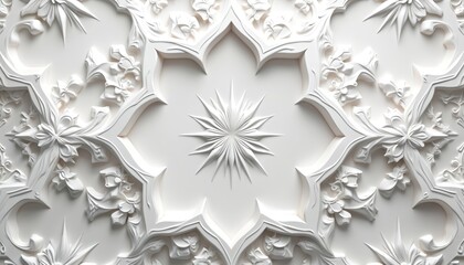 Poster - White Islamic pattern background with geometric design. Ornamental floral volumetric patterns, shadows create depth. Traditional arabic architecture, art, design elements for Ramadan, decoration.