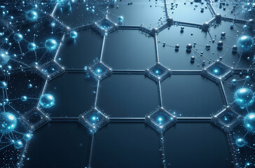 Poster - futuristic blue network of glowing spheres interconnected by lines on a dark backdrop, symbolizing t