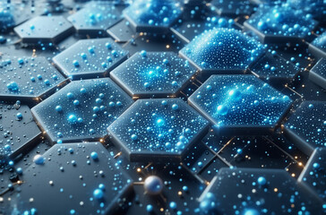 Aufkleber - abstract geometric background featuring hexagonal shapes. blue glowing particles are scattered acros